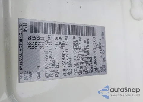 2014 Infiniti Qx60 из США, поврежденный, VIN 5N1AL0MMXEC534360